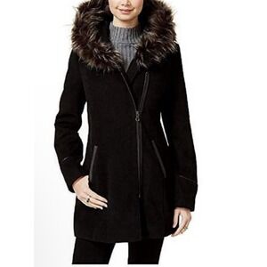 Maralyn & Me Juniors' Faux-Fur-Trim Asymmetrical Hooded Coat, Black Size Small